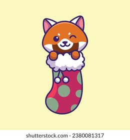 Cute red panda in christmas sock simple cartoon vector illustration christmas concept icon isolated