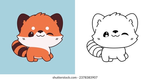 Cute Red Panda Clipart Illustration and Black and White. Kawaii Clip Art Baby Animal. Cute Vector Illustration of a Kawaii Animal for Stickers, Prints for Clothes, Baby Shower. 