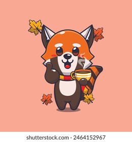 Cute red panda with coffee in autumn season. Mascot cartoon vector illustration suitable for poster, brochure, web, mascot, sticker, logo and icon.