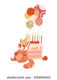 Cute red panda in a cone-cap sitting with birthday cake birthday animal concept cartoon animal design vector illustration on white background