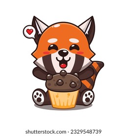 cute red panda with cup cake cartoon vector illustration.