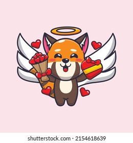 cute red panda cupid cartoon character holding love gift and love bouquet