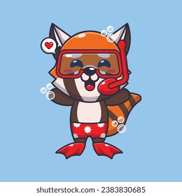 Cute red panda diving cartoon mascot character illustration. Cute summer cartoon illustration. 