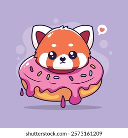 cute red panda with donut kawaii character vector illustration design