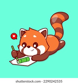 Cute Red Panda Drawing Bamboo On Paper Cartoon Vector Icon Illustration. Animal Education Icon Concept Isolated Premium Vector. Flat Cartoon Style