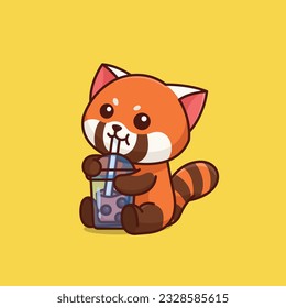 Cute red panda drink boba milk tea simple cartoon vector icon illustration animal drink