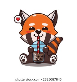 cute red panda drink bubble milk tea cartoon vector illustration.