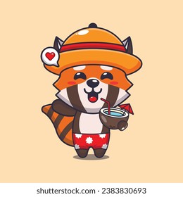 Cute red panda drink coconut cartoon illustration. Cute summer cartoon illustration. 