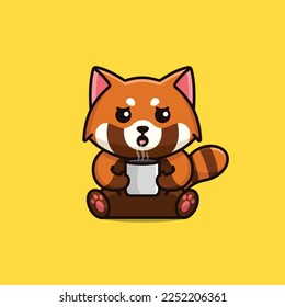 Cute red panda drink coffee cartoon icon illustration free vector