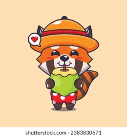 Cute red panda drink fresh coconut cartoon illustration. Cute summer cartoon illustration. 