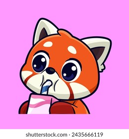 cute red panda drink soft drink emotes sticker cartoon vector illsutration