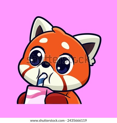 cute red panda drink soft drink emotes sticker cartoon vector illsutration