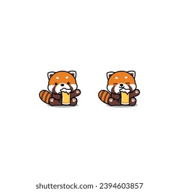 Cute red panda drinking beer cartoon, vector illustration, I drew it by myself, It's not AI-generated content.