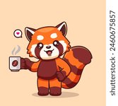 Cute Red Panda Drinking Coffee Cartoon Vector Icon Illustration. Animal Drink Icon Concept Isolated Premium Vector. Flat Cartoon Style