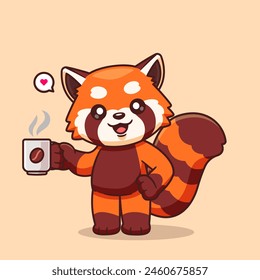 Panda rojo lindo que bebe la ilustración del icono del Vector de dibujos animados del café. Concepto de icono de bebida animal Vector Premium aislado. Estilo plano de dibujos animados