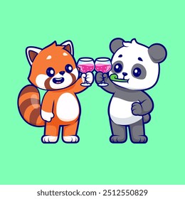 Cute Red Panda And Panda Drinking Juice Party Cartoon Vector Icon Illustration. Animal Drink Icon Concept Isolated Premium Vector. Flat Cartoon Style