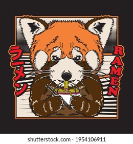 Cute red panda eat japan noodle ramen illustration in flat comic style. Japanese Kanji means Ramen.