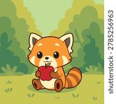 Cute Red Panda Eating Apple Illustration
