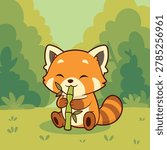 Cute Red Panda Eating Bamboo Illustration