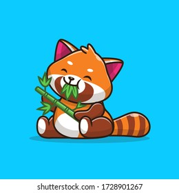 Cute Red Panda Eating Bamboo Leaves Vector Icon Illustration. Animal Icon Concept Isolated Premium Vector. Flat Cartoon Style 