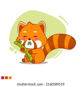 Cute red panda eating bamboo cartoon character