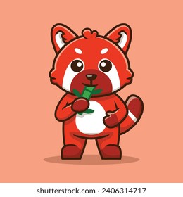 Cute Red Panda Eating Bamboo Vector Cartoon Illustration