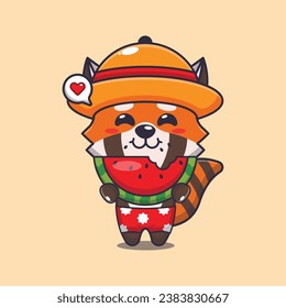 Cute red panda eating fresh watermelon cartoon illustration. Cute summer cartoon illustration. 