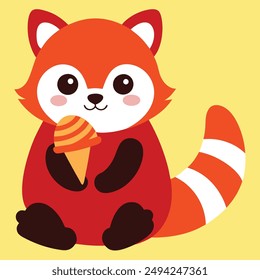 Cute red panda eating ice cream