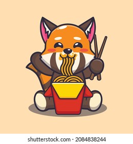 Cute red panda eating noodle. Cute cartoon animal illustration.