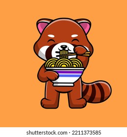 Cute Red Panda Eating Noodles Cartoon Vector Icons Illustration. Flat Cartoon Concept. Suitable for any creative project.