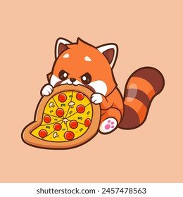 Cute Red Panda Eating Pizza Cartoon Vector Icon Illustration. Animal Food Icon Concept Isolated Premium Vector. Flat Cartoon Style