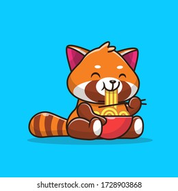 Cute Red Panda Eating Ramen Noodles Vector Icon Illustration. Animal Icon Concept Isolated Premium Vector. Flat Cartoon Style 