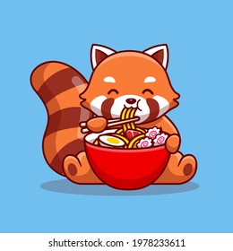 Cute Red Panda Eating Ramen Noddle Cartoon Vector Icon Illustration. Animal Food Icon Concept Isolated Premium Vector. Flat Cartoon Style