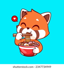 Cute Red Panda Eating Ramen Noodle Cartoon Vector Icon Illustration. Animal Food Icon Concept Isolated Premium Vector. Flat Cartoon Style