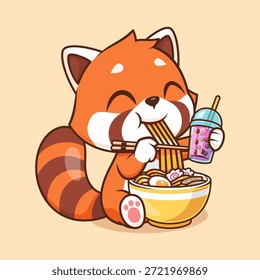 Lindo Panda Rojo Comiendo Fideos De Ramen Y Beber Té De Leche Boba Icono De Vector De Dibujos Animados. Icono de comida animal concepto aislado Premium Vector. Estilo plano de la historieta