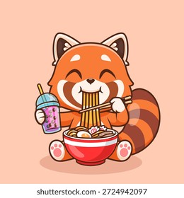 Lindo Panda Rojo Comiendo Fideos De Ramen Y Beber Té De Leche Boba Icono De Vector De Dibujos Animados. Icono de comida animal concepto aislado Premium Vector. Estilo plano de la historieta