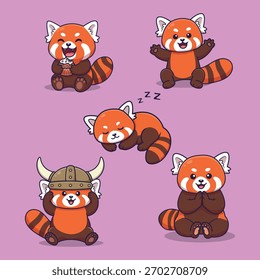 Cute Red Panda Expressions Vector Set Featuring Cupcake, Viking Helmet, Sleep, and Gratitude on Purple Background