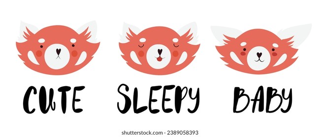 Cute red panda faces with different handwritings, childish vector illustrations