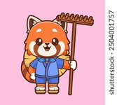 Cute Red Panda Farmer Holding Pitchfork Cartoon Vector Icon Illustration. Animal Profession Icon Concept Isolated Premium Vector. Flat Cartoon Style