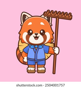 Cute Red Panda Farmer Holding Pitchfork Cartoon Vector Icon Illustration. Animal Profession Icon Concept Isolated Premium Vector. Flat Cartoon Style