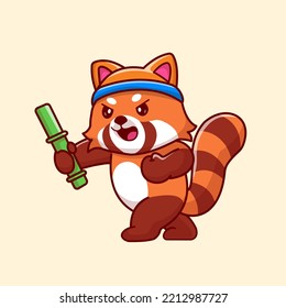 Cute Red Panda Fighting Use Bamboo Cartoon Vector Icon Illustration. Animal Nature Icon Concept Isolated Premium Vector. Flat Cartoon Style