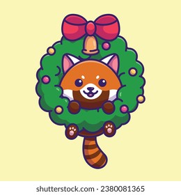 Cute red panda flower wreath simple cartoon vector illustration christmas concept icon isolated