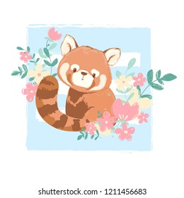  Cute red panda and flowers vector illustration, Children's prints and posters