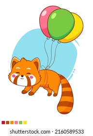 Cute red panda flying with balloons cartoon character