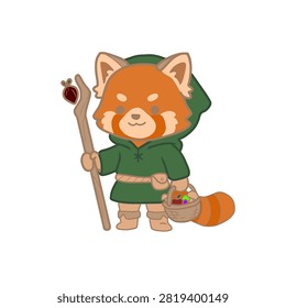 Cute Red Panda Forest Wanderer Character Holding Wooden Staff