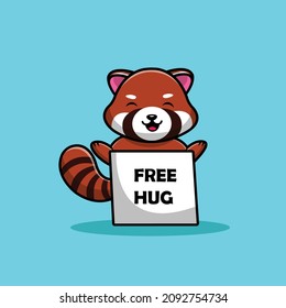 Cute Red Panda With Free Hug Board Cartoon Vector Icon Illustration. Animal Icon Concept Isolated Premium Vector. Flat Cartoon Style