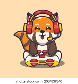 Cute red panda gamer. Cute cartoon animal illustration.