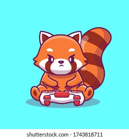 Cute Red Panda Gaming Cartoon Vector Icon Illustration. Animal Game Icon Concept Isolated Premium Vector. Flat Cartoon Style 