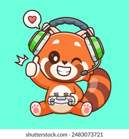 Cute Red Panda Gaming Cartoon Vector Icon Illustration. Animal Technology Icon Concept Isolated Premium Vector. Flat Cartoon Style