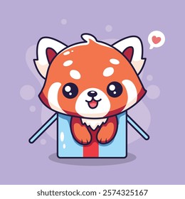 Cute red panda in a gift box. Vector illustration.